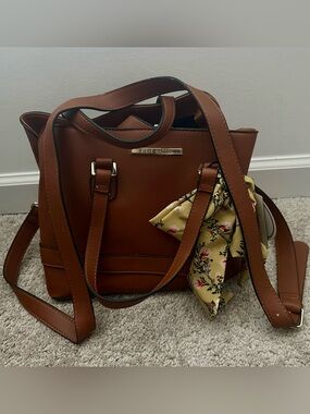 Steve Madden Brown Saffiano Shoulder Tote with Floral Scarf